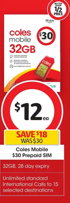 Coles Coles Mobile Prepaid SIM 32GB offer