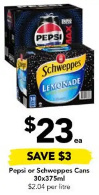 Drakes Pepsi or Schweppes Cans 30x375ml offer