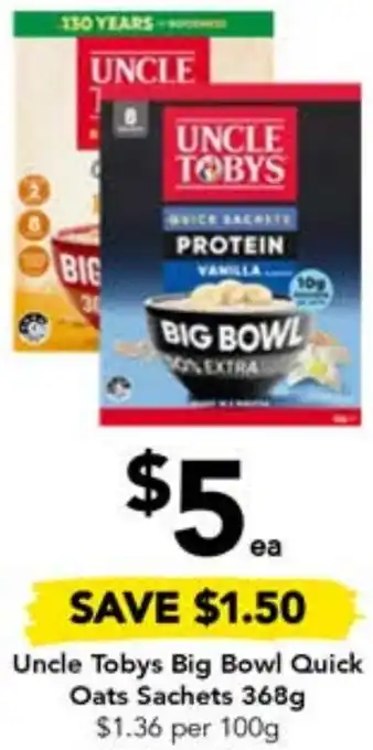 Drakes Uncle Tobys Big Bowl Quick Oats Sachets 368g offer