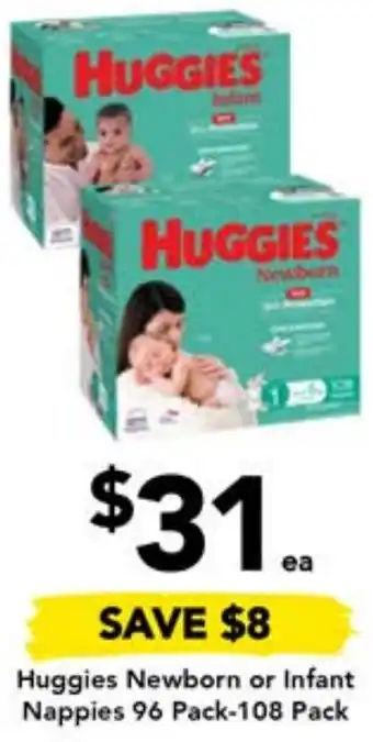 Drakes Huggies Newborn or Infant Nappies 96 Pack-108 Pack offer