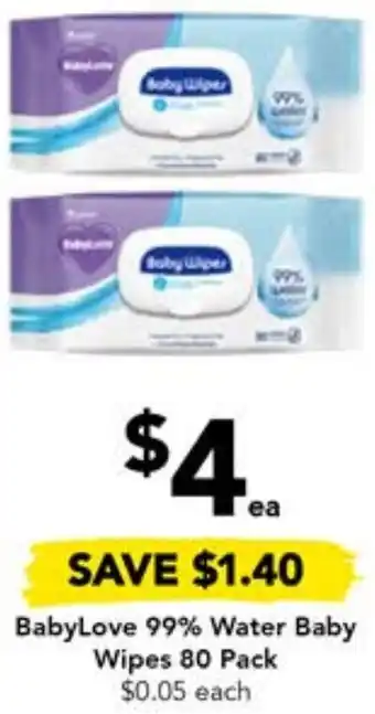 Drakes BabyLove 99% Water Baby Wipes 80 Pack offer