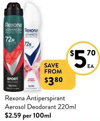 Foodworks Rexona Antiperspirant Aerosol Deodorant 220ml offer