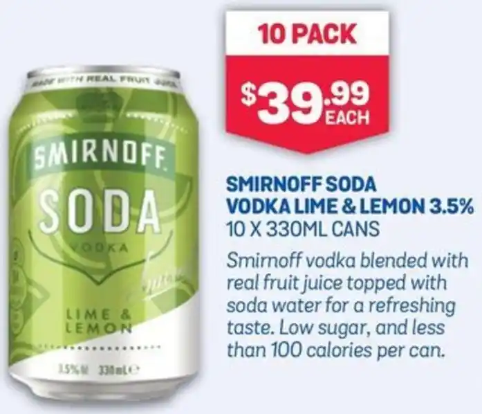 Bottlemart SMIRNOFF SODA VODKA LIME & LEMON 3.5% 10 X 330ML CANS offer