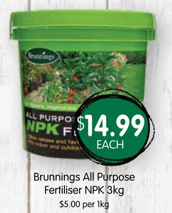 Brunnings All Purpose Fertiliser NPK 3kg offer at Spudshed