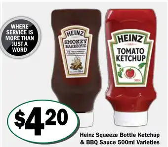 Friendly Grocer Heinz Squeeze Bottle Ketchup & BBQ Sauce 500mL Varieties offer