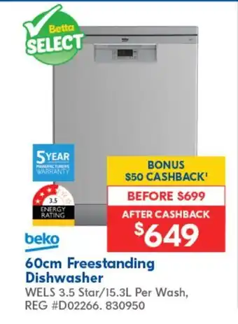 Betta beko 60cm Freestanding Dishwasher offer