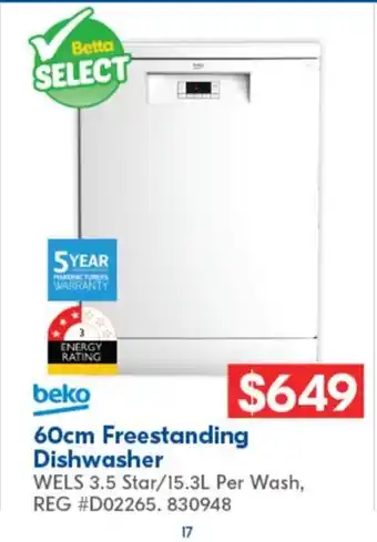 Betta beko 60cm Freestanding Dishwasher offer