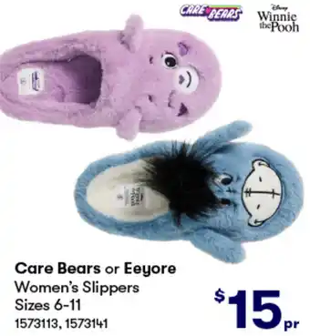 BIG W Care Bears or Eeyore Women's Slippers Sizes 6-11 offer