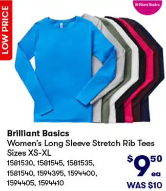 BIG W Brilliant Basics Women's Long Sleeve Stretch Rib Tees Sizes XS-XL offer