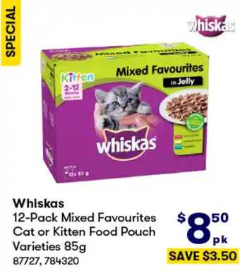 BIG W Whiskas 12-Pack Mixed Favourites Cat or Kitten Food Pouch Varieties 85g offer