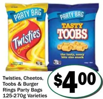 Friendly Grocer Twisties, Cheetos, Toobs & Burger Rings Party Bags 125-270g Varieties offer