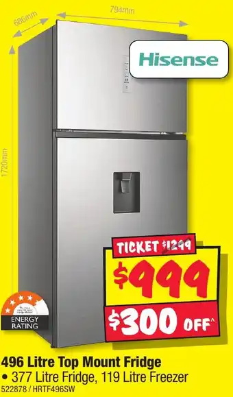 JB Hi-Fi Hisense 496 Litre Top Mount Fridge offer