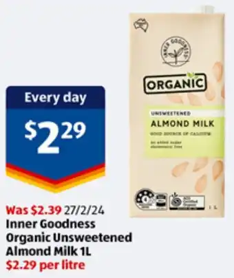 ALDI Inner Goodness Organic Unsweetened Almond Milk 1L offer