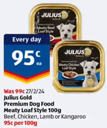 ALDI Julius Gold Premium Dog Food Meaty Loaf Style 100g offer