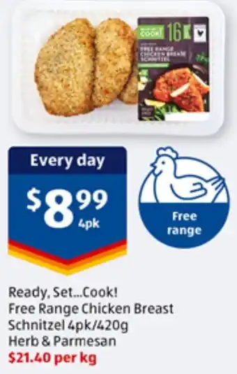 ALDI Free Range Chicken Breast Schnitzel 4pk/420g Herb & Parmesan offer