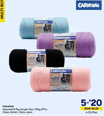 BIG W Carnival Assorted 8 Ply Acrylic Yarn 100g 271m offer