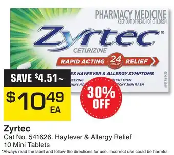 Pharmacy Direct Zyrtec  Hayfever & Allergy Relief 10 Mini Tablets offer