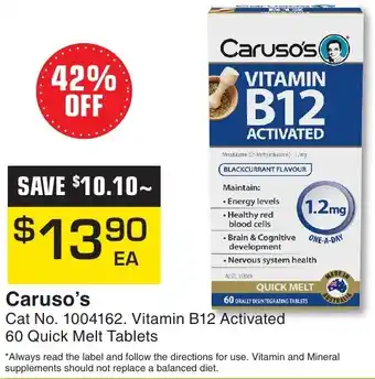 Pharmacy Direct Caruso's Vitamin B12 Activated 60 Quick Melt Tablets offer