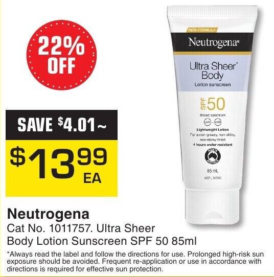 Neutrogena Ultra Sheer Body Lotion Sunscreen SPF 50 85ml offer at Pharmacy Direct