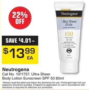 Pharmacy Direct Neutrogena Ultra Sheer Body Lotion Sunscreen SPF 50 85ml offer