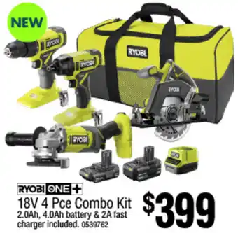 Bunnings RYOBI ONE + 18V 4 Pce Combo Kit offer