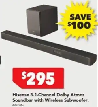 Harvey Norman Hisense 3.1-Channel Dolby Atmos Soundbar with Wireless Subwoofer. offer