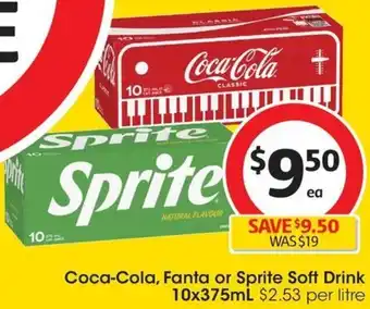 Coles Coca-Cola, Fanta or Sprite Soft Drink 10x375mL offer