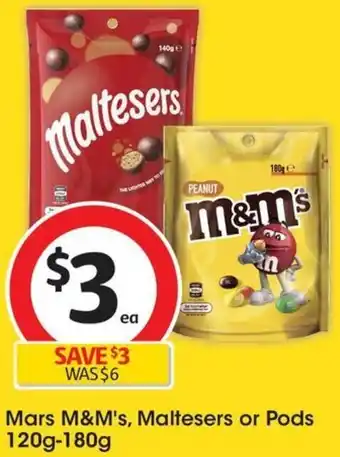 Coles Mars M&M's, Maltesers or Pods 120g-180g offer