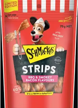 IGA Schmackos BBQ Flavoured Dog Treats Strips or Kebabs 70-90g offer