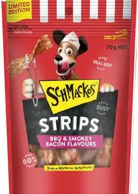 IGA Schmackos BBQ Flavoured Dog Treats Strips or Kebabs 70‑90g offer