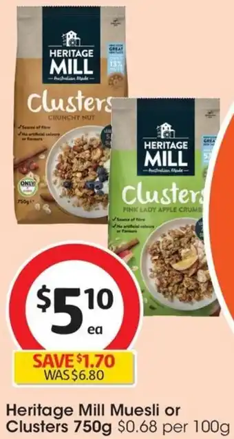 Coles Heritage Mill Muesli or Clusters 750g offer