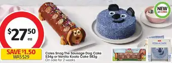 Coles Snag The Sausage Dog Cake 534g or Vanilla Koala Cake 583g