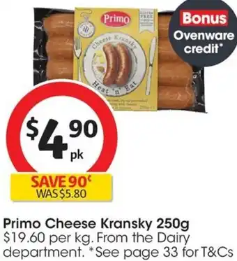 Coles Primo Cheese Kransky 250g offer