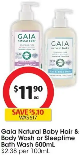 Coles Gaia Natural Baby Hair & Body Wash or Sleeptime Bath Wash 500mL offer