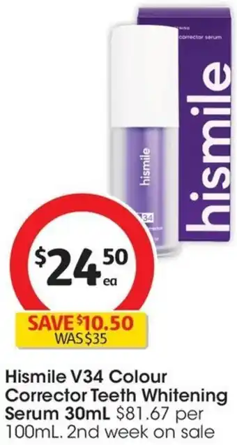 Coles Hismile V34 Colour Corrector Teeth Whitening Serum 30mL offer