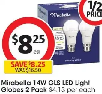 Coles Mirabella 14W GLS LED Light Globes 2 Pack offer