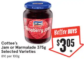 IGA Cottee's Jam or Marmalade 375g offer