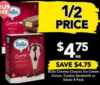 Drakes Bulla Creamy Classics Ice Cream Cones, Cookie Sandwich or Sticks 4 Pack offer