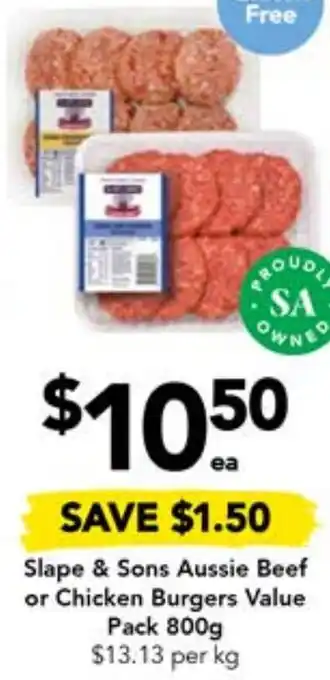 Drakes Slape & Sons Aussie Beef or Chicken Burgers Value Pack 800g offer