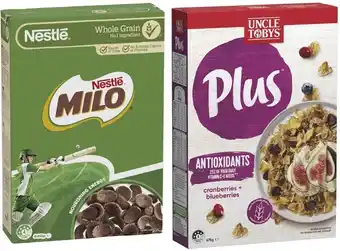 Coles Nestlé Milo Cereal 535g-620g or Uncle Tobys Plus Cereal 565g-705g offer