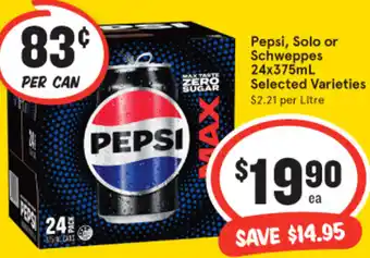 IGA Pepsi, Solo or Schweppes 24x375mL offer