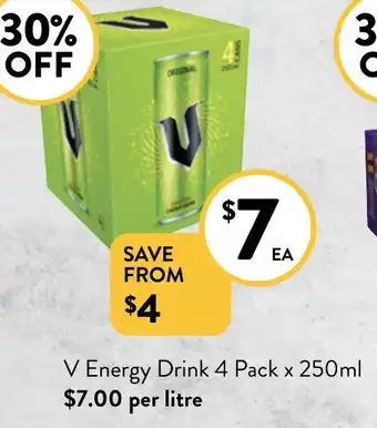 Foodworks V Energy Drink 4 Pack x 250ml offer