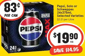 Ritchies Pepsi, Solo or Schweppes 24x375mL offer