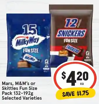 Ritchies Mars, M&M's or Skittles Fun Size Pack 132-192g offer