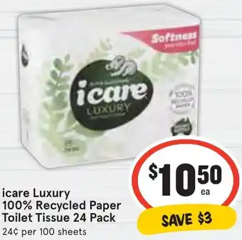 icare Luxury 100% Recycled Paper Toilet Tissue 24 Pack
