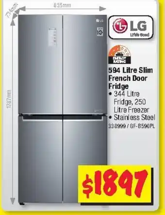 JB Hi-Fi LG 594 Litre Slim French Door Fridge offer