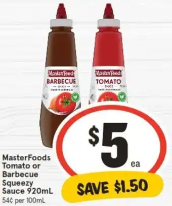 IGA MasterFoods Tomato or Barbecue Squeezy Sauce 920mL offer