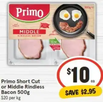 IGA Primo Short Cut or Middle Rindless Bacon 500g offer