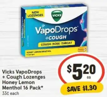 IGA Vicks VapoDrops + Cough Lozenges Honey Lemon Menthol 16 Pack offer