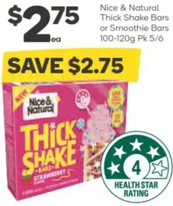 Woolworths Nice & Natural Thick Shake Bars or Smoothie Bars 100-120g Pk 5/6 offer